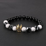 Men Tiger Eye Lapis Beaded Stretch Bracelet CZ Crown Charm