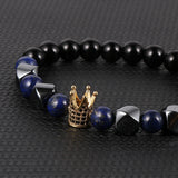 Men Tiger Eye Lapis Beaded Stretch Bracelet CZ Crown Charm
