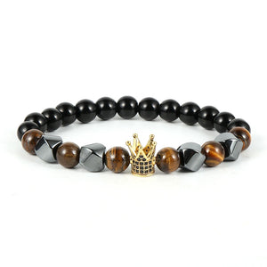 Men Tiger Eye Lapis Beaded Stretch Bracelet CZ Crown Charm