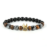 Men Tiger Eye Lapis Beaded Stretch Bracelet CZ Crown Charm