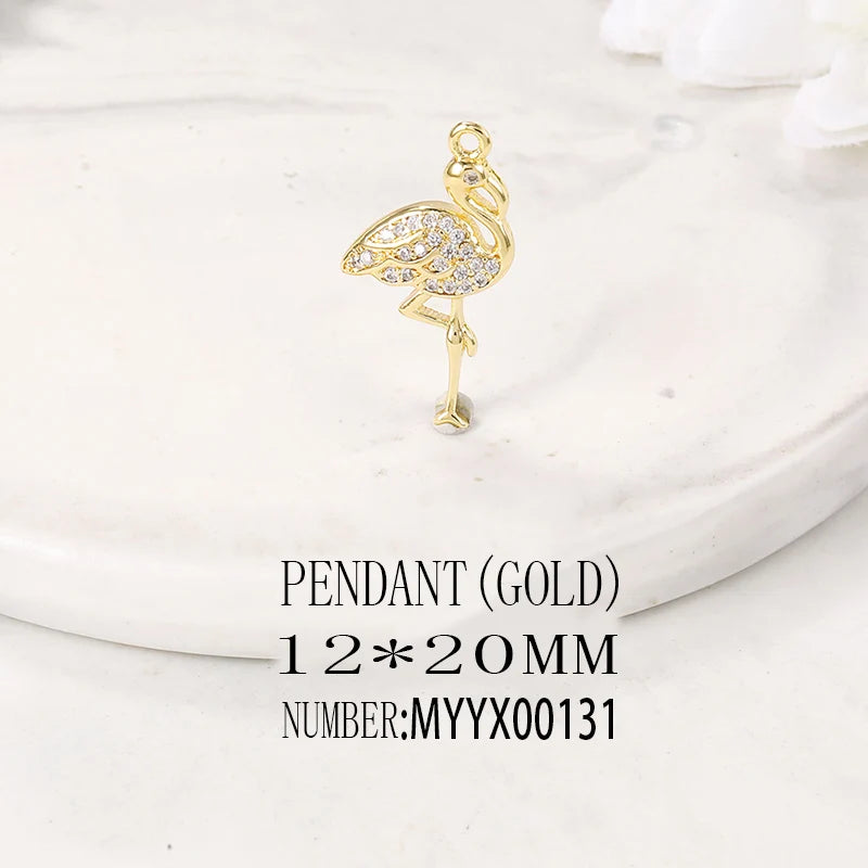 Brass & Zircon Flamingo Charms Pendant Necklace Bracelet Earring DIY Jewelry