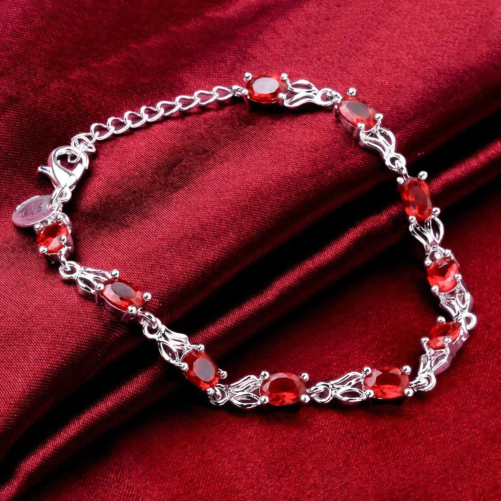 925 Sterling Silver Red Crystal Bracelet Vintage Chain Jewelry Wedding Party