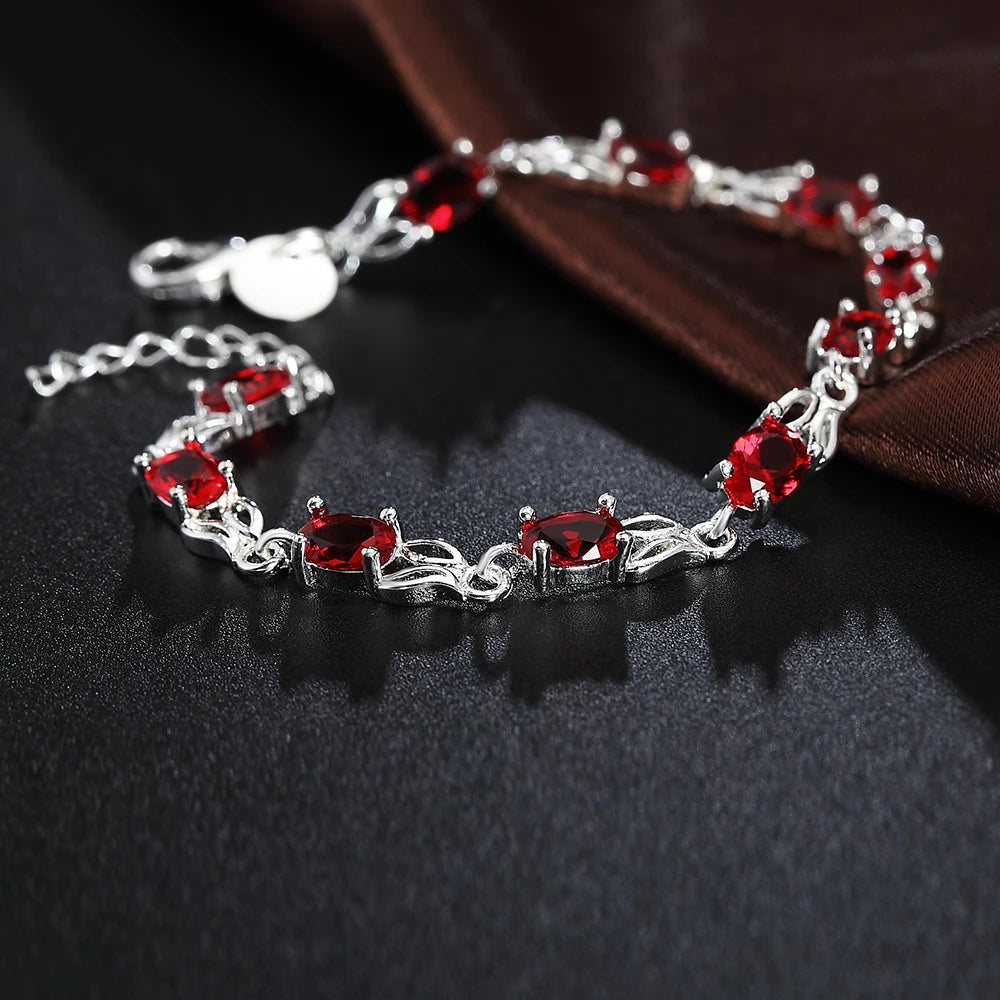 925 Sterling Silver Red Crystal Bracelet Vintage Chain Jewelry Wedding Party