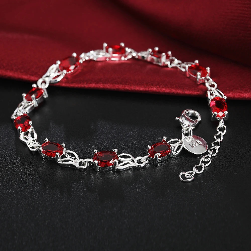 925 Sterling Silver Red Crystal Bracelet Vintage Chain Jewelry Wedding Party