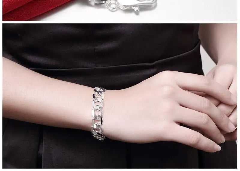925 Stamp Silver Men's Bracelet 12MM Chain Jewelry