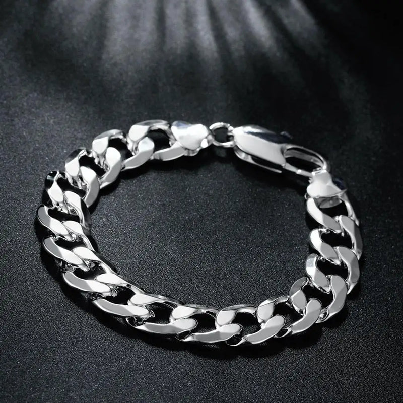 925 Stamp Silver Men's Bracelet 12MM Chain Jewelry