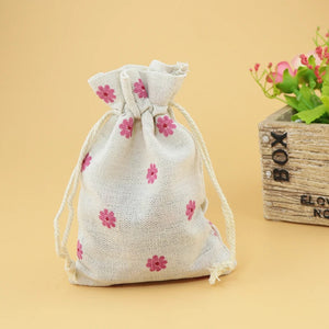 10pcs Pink Flower Burlap Drawstring Bags