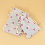 10pcs Pink Flower Burlap Drawstring Bags