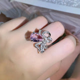 Big Bowknot Open Ring Bling Pink Cubic Zirconia Ring