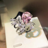 Big Bowknot Open Ring Bling Pink Cubic Zirconia Ring