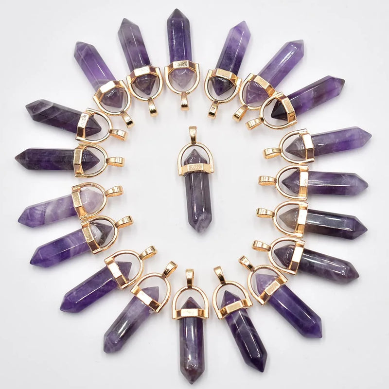 Natural Stone Mixed Charms Hexagonal Healing Reiki Point Pendants 20pcs