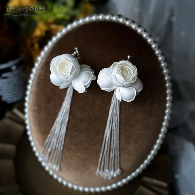Fairy Flowers Ear Clips Beading Tassel Hand Wedding Bridal Tiara Women Earring