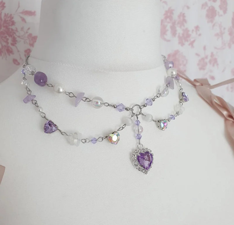 Fairy Goddess Rosary Amethyst Beaded Crystal Heart Pendant Layered Necklace