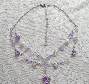Fairy Goddess Rosary Amethyst Beaded Crystal Heart Pendant Layered Necklace