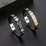 Faith Cross Leather Bracelet Stainless Steel Cuff