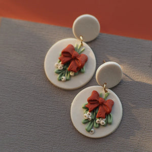 Christmas Bow Ribbon Bell Polymer Clay Earrings Set
