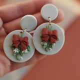 Christmas Bow Ribbon Bell Polymer Clay Earrings Set