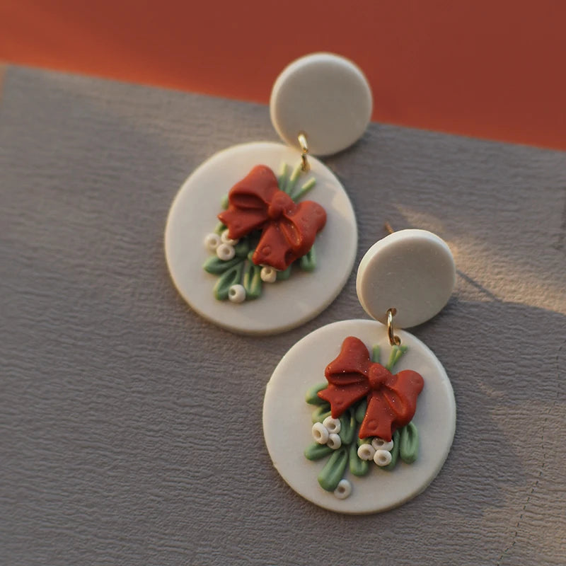 Christmas Bow Ribbon Bell Polymer Clay Earrings Set