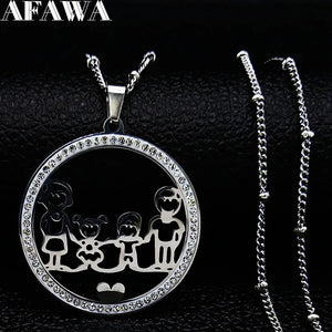 Family Boy Girl Stainless Steel Necklace for Women Silver Crystal Necklace