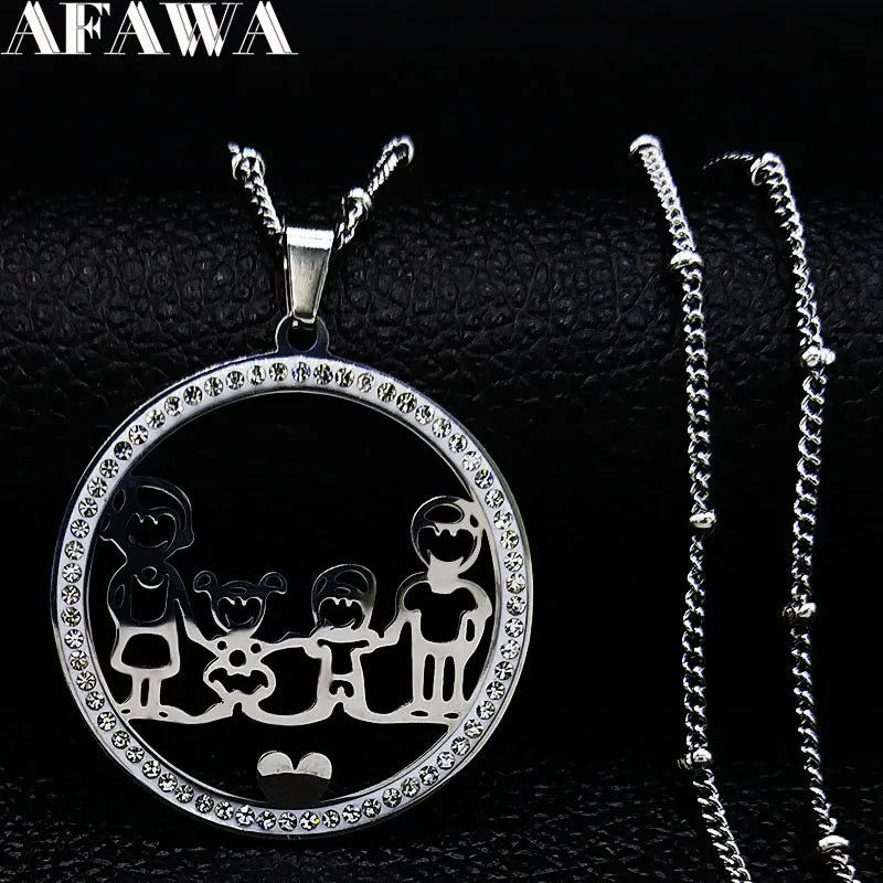 Family Boy Girl Stainless Steel Necklace for Women Silver Crystal Necklace