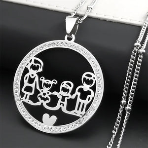 Family Boy Girl Stainless Steel Necklace for Women Silver Crystal Necklace