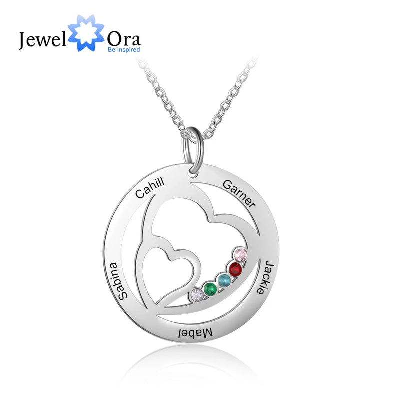 Family Birthstone Necklace with Name Engraving - Heart Pendant for Mom