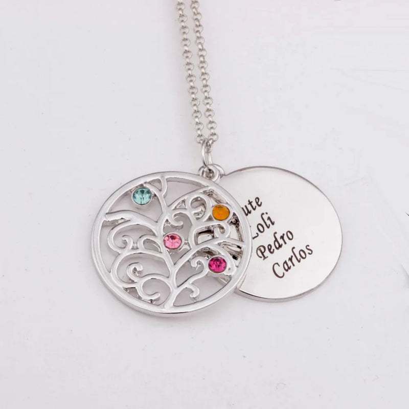 Family Tree Pendant Necklace with Birthstones Personalized Name