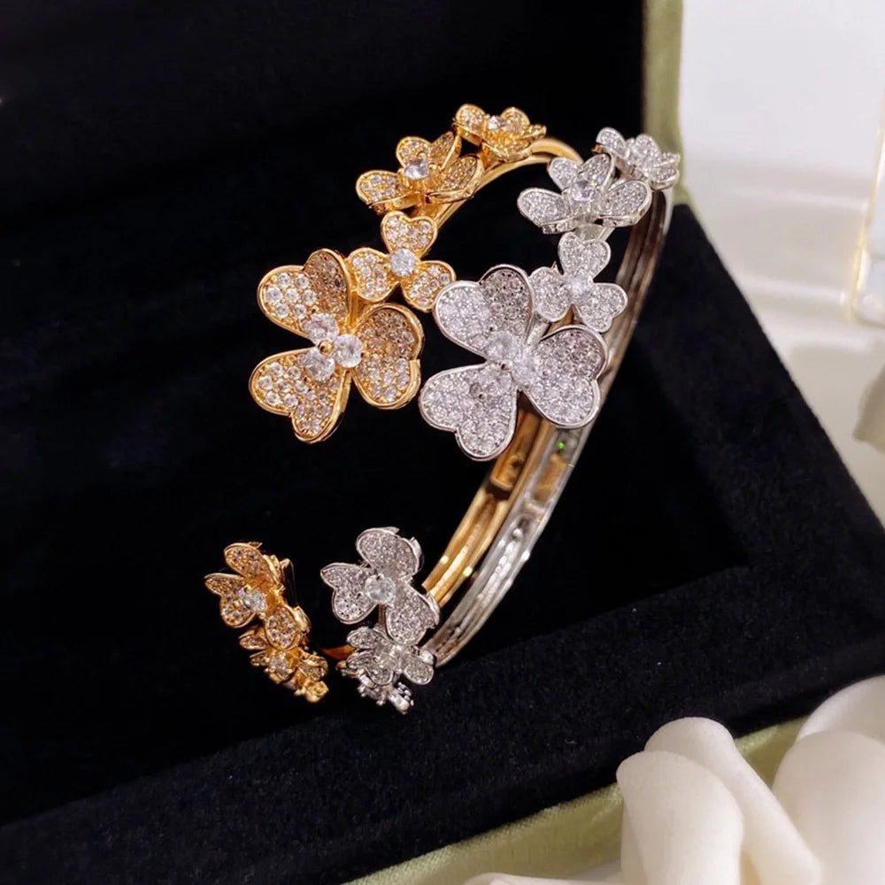 Rose Silver Crystal Clover Bracelets Bangle for Women