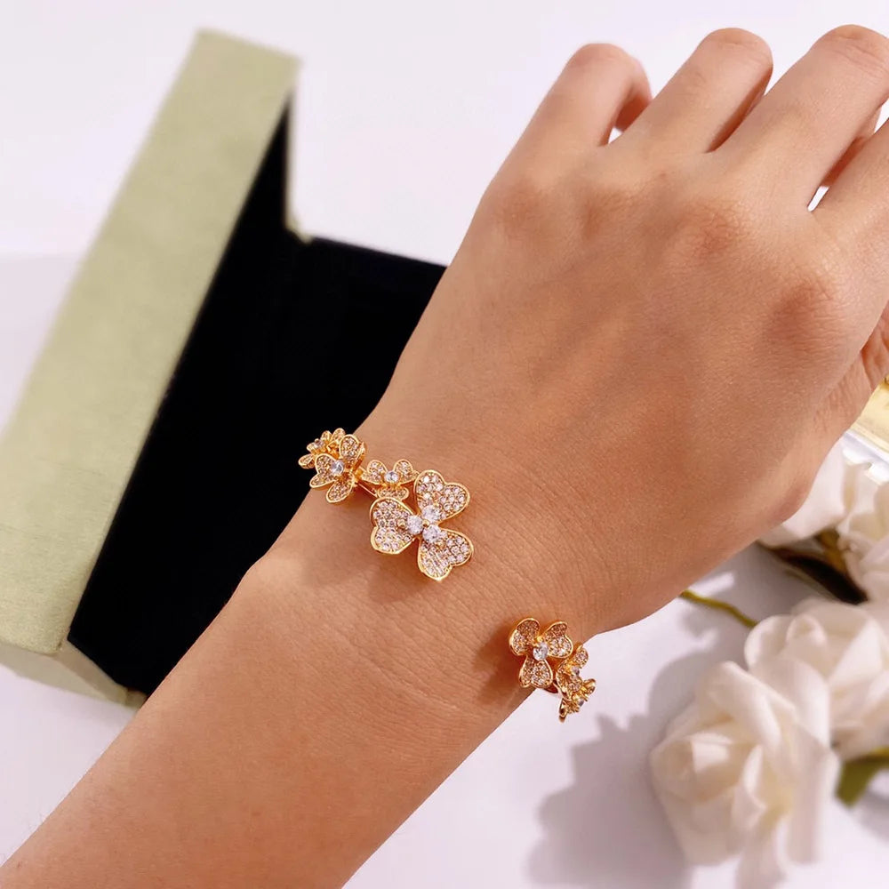 Rose Silver Crystal Clover Bracelets Bangle for Women