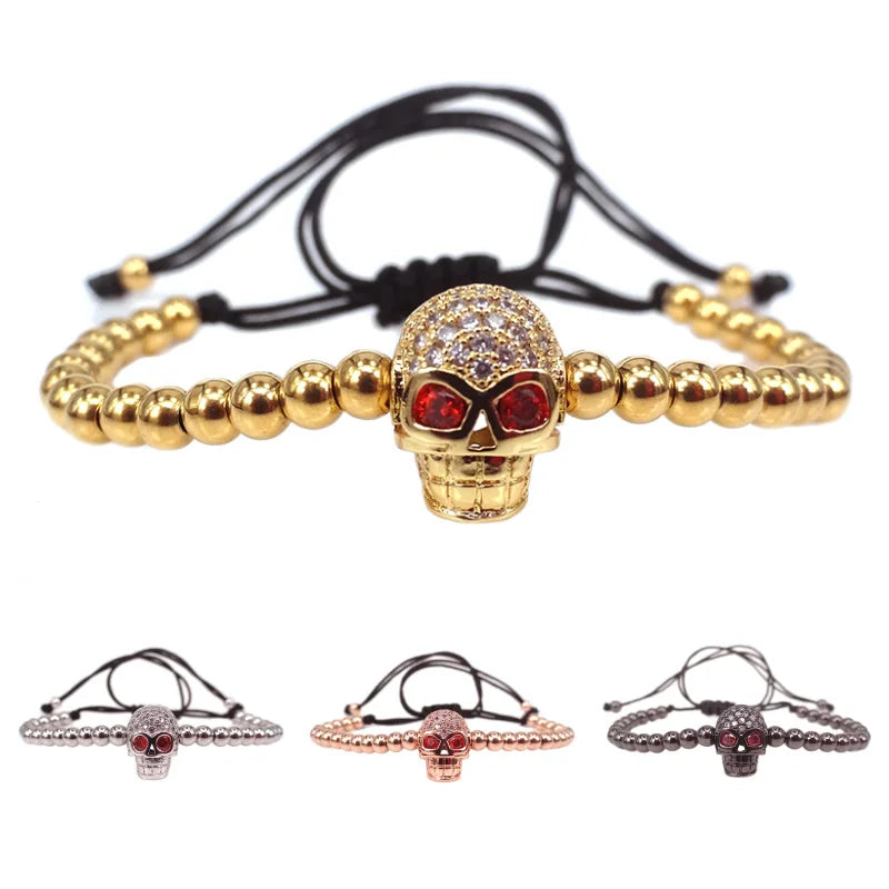 Gold Skull Head Beads Braiding Bracelet