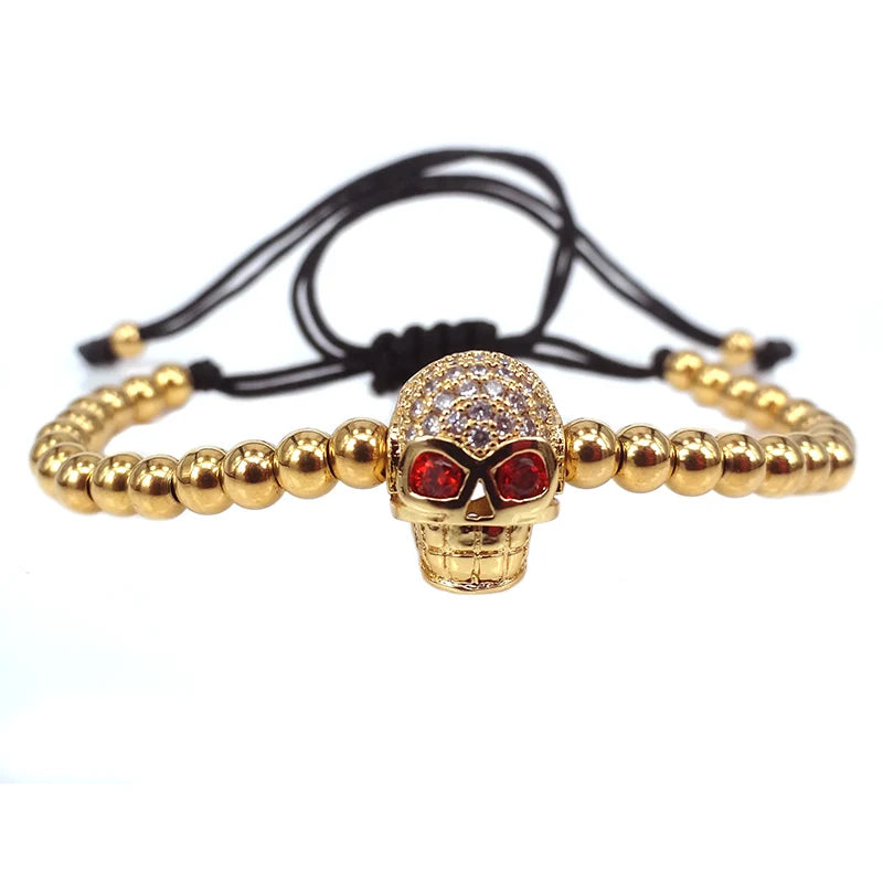 Men's Gun Skull Bead Bracelet with CZ Stones