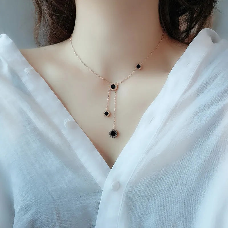 Roman Numerals Tassels Circle Shell Pendant Necklace for Women