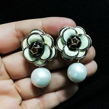 Golden Camellia Pearl Stud Earrings for Women