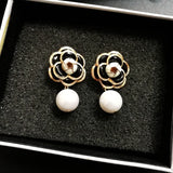 Golden Camellia Pearl Stud Earrings for Women