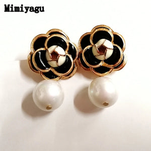 Golden Camellia Pearl Stud Earrings for Women