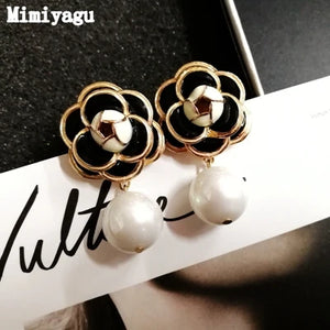 Golden Camellia Pearl Stud Earrings for Women