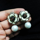 Golden Camellia Pearl Stud Earrings for Women