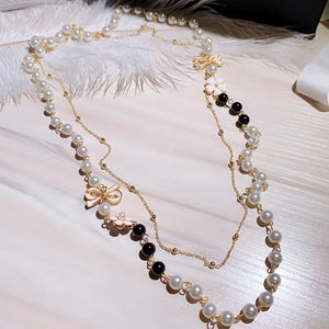Layered Pearls Beads Bow Flower Pendant Sweater Chain Necklace