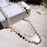 Layered Pearls Beads Bow Flower Pendant Sweater Chain Necklace