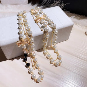 Layered Pearls Beads Bow Flower Pendant Sweater Chain Necklace