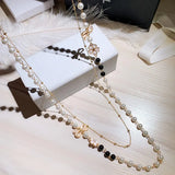 Layered Pearls Beads Bow Flower Pendant Sweater Chain Necklace