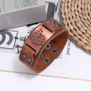 Metal Wolf Charms Wrap Leather Bracelet Wide Wristband