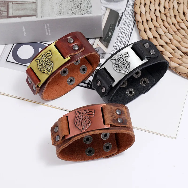 Metal Wolf Charms Wrap Leather Bracelet Wide Wristband