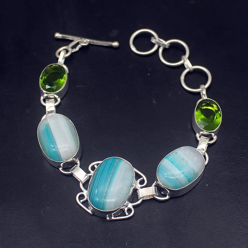 Green BotswanaAgate Peridot Silver Charms Bracelet 7.5 inch