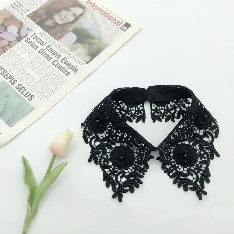 Lace Crochet Pattern Collar Tie-On Collar with Faux Pearl Beadwork