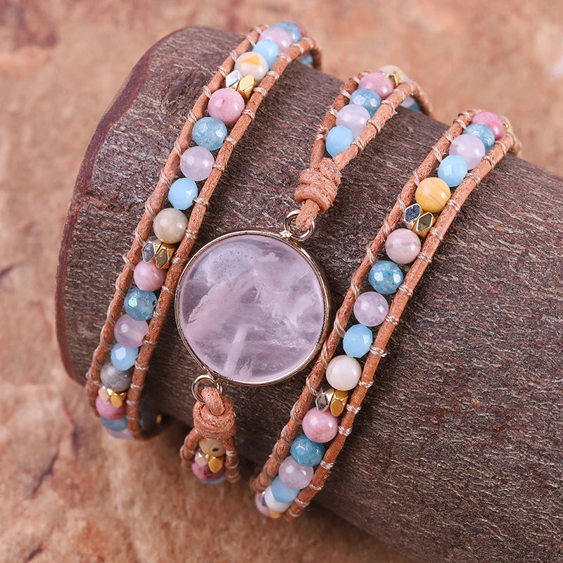 Teengirls Leather Wrap Bracelets Mix Stone Rose Quartzs 3 Strands Bracelet Femme