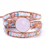Teengirls Leather Wrap Bracelets Mix Stone Rose Quartzs 3 Strands Bracelet Femme
