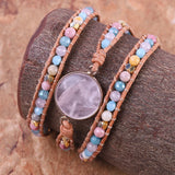 Teengirls Leather Wrap Bracelets Mix Stone Rose Quartzs 3 Strands Bracelet Femme