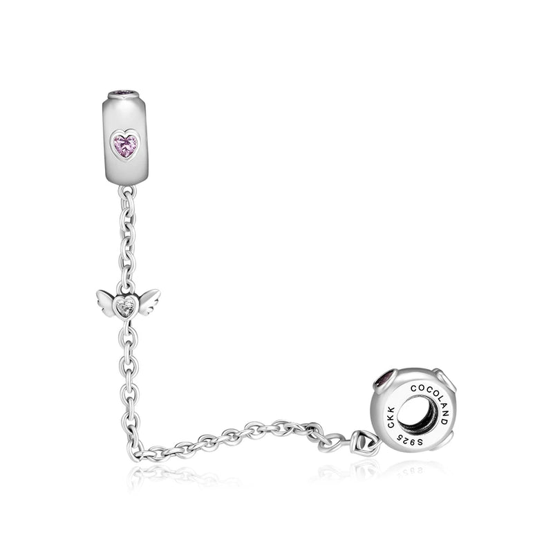 925 Silver Angel Wings Safety Chain Stopper, Pink Crystal