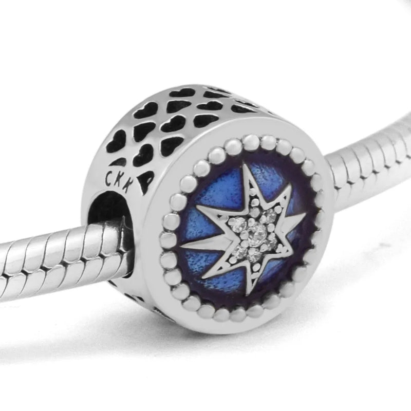 Fandola 925 Sterling Silver Starry Sky Heart Beads for Bracelets, Blue Enamel